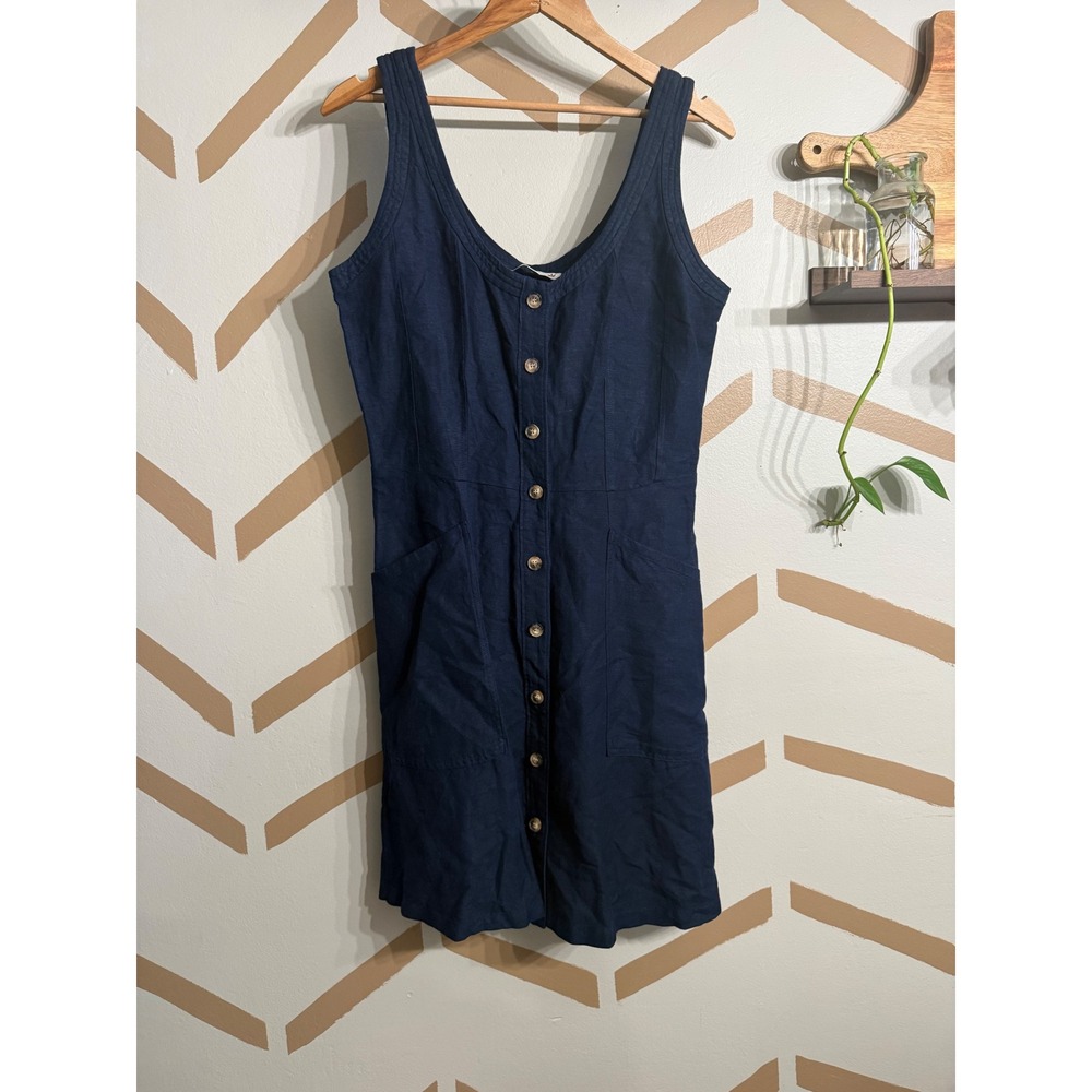 LOFT Mini Dress Womens 6T Navy Blue Linen Blend Button Front Sleeveless Pocket